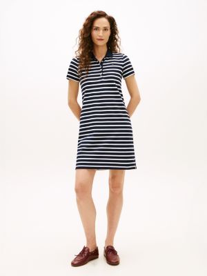 Stripe Stretch Pique Polo Dress, Navy Blue