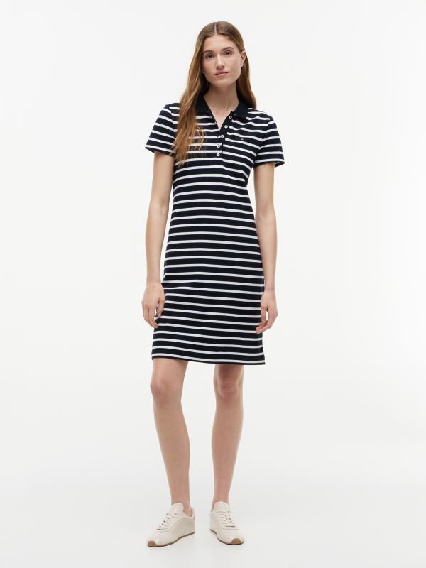 Striped Stretch Pique Polo Dress — Navy Blue