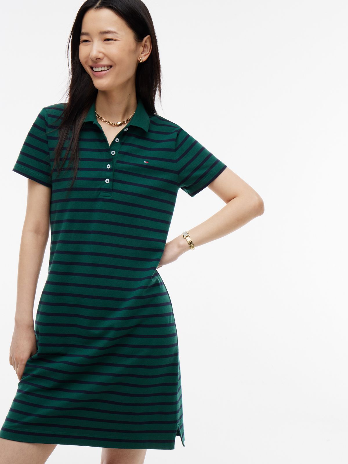 Striped Stretch Pique Polo Dress — Ornamental Green