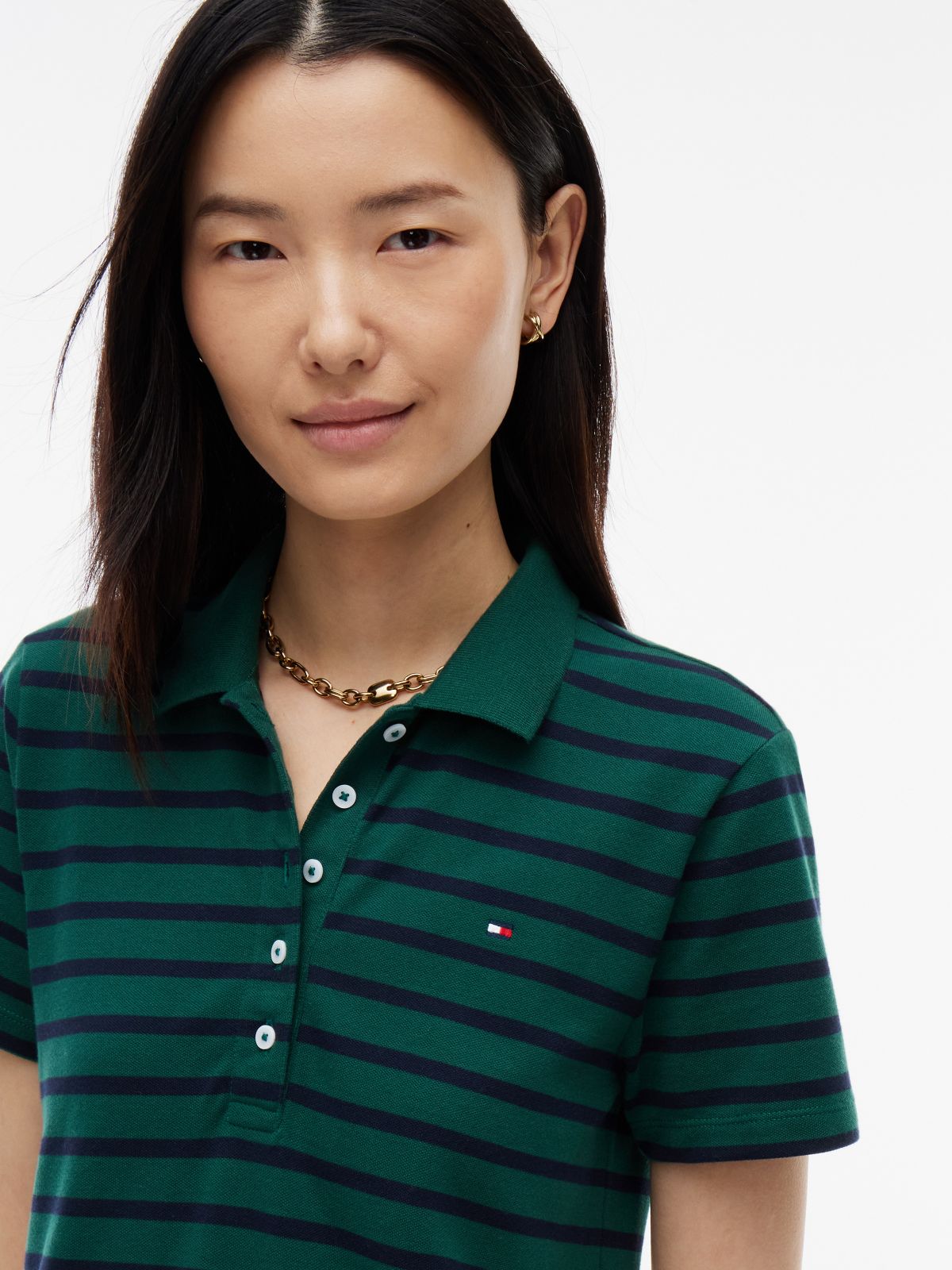 Striped Stretch Pique Polo Dress — Ornamental Green