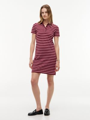 Striped Stretch Pique Polo Dress, Burgundy