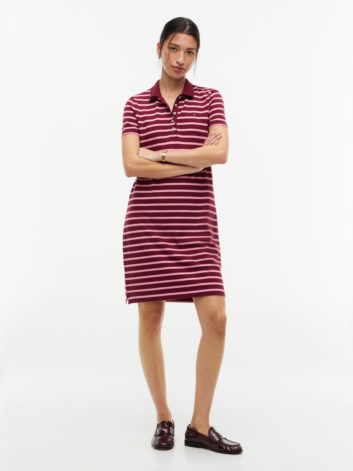 Striped Stretch Pique Polo Dress — Burgundy