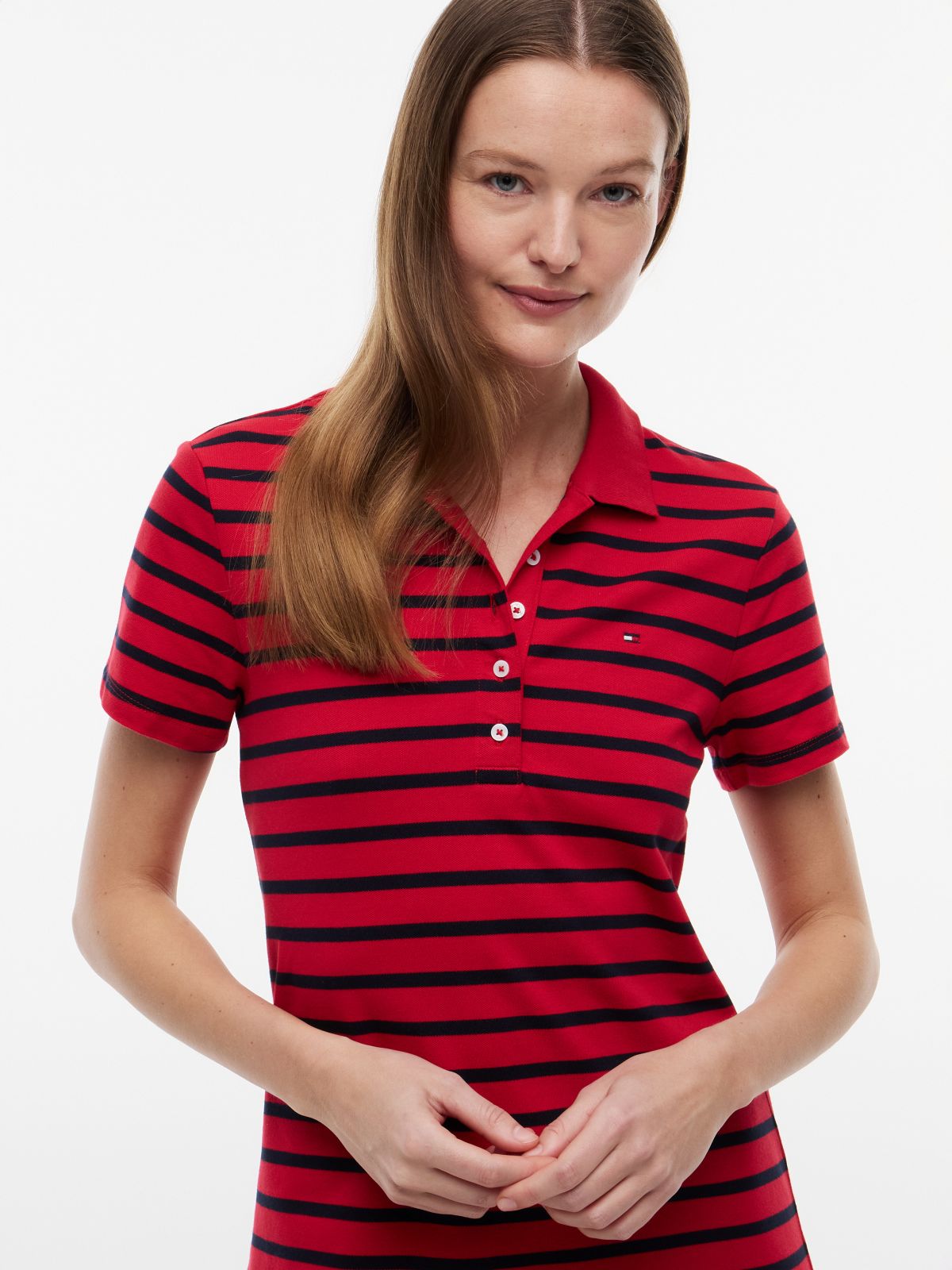 Striped Stretch Pique Polo Dress — Primary Red