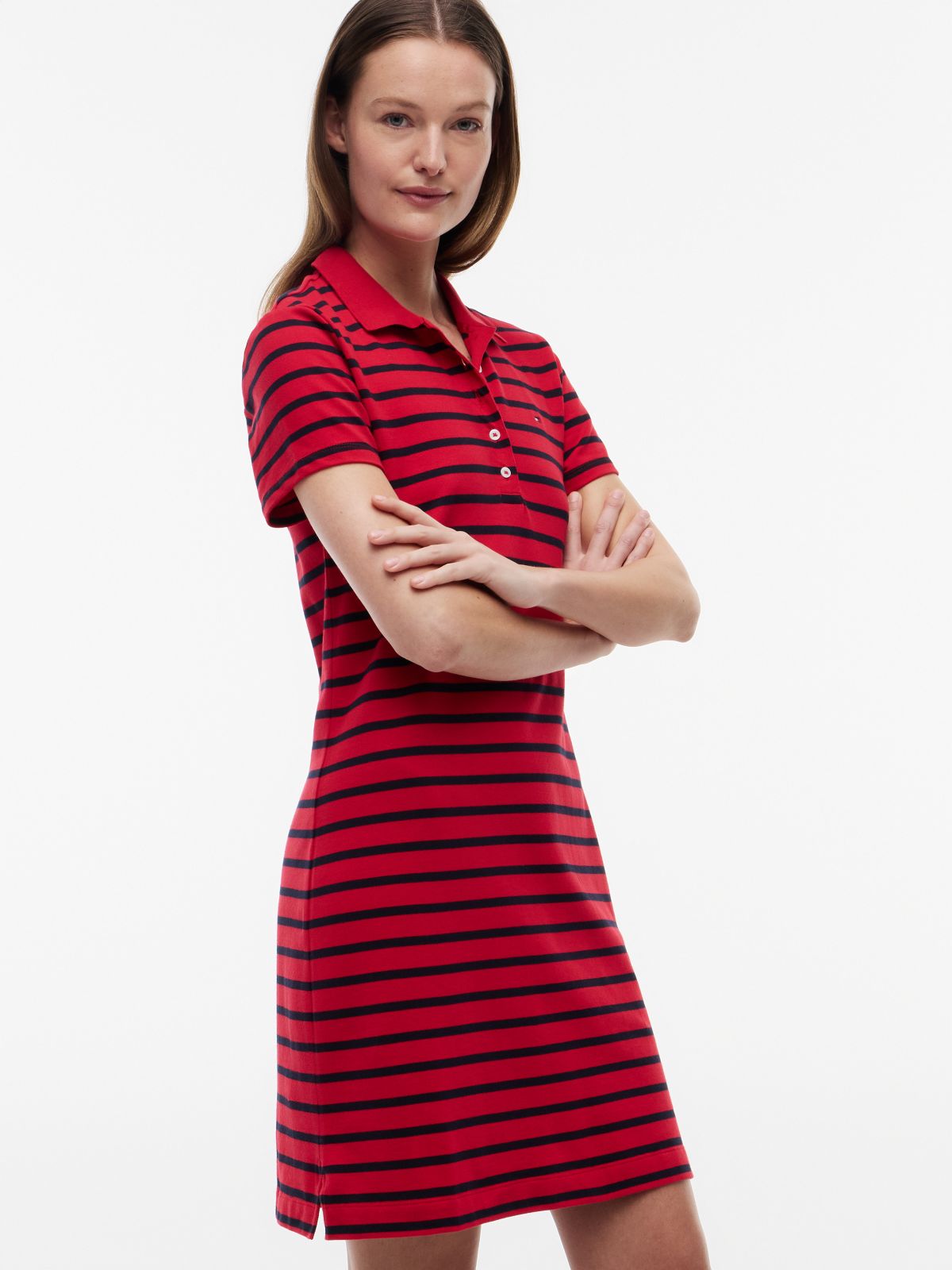 Striped Stretch Pique Polo Dress — Primary Red