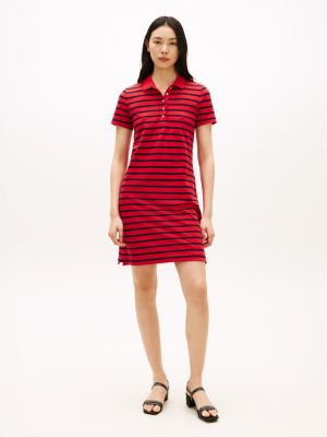 Stripe Stretch Pique Polo Dress, Primary Red