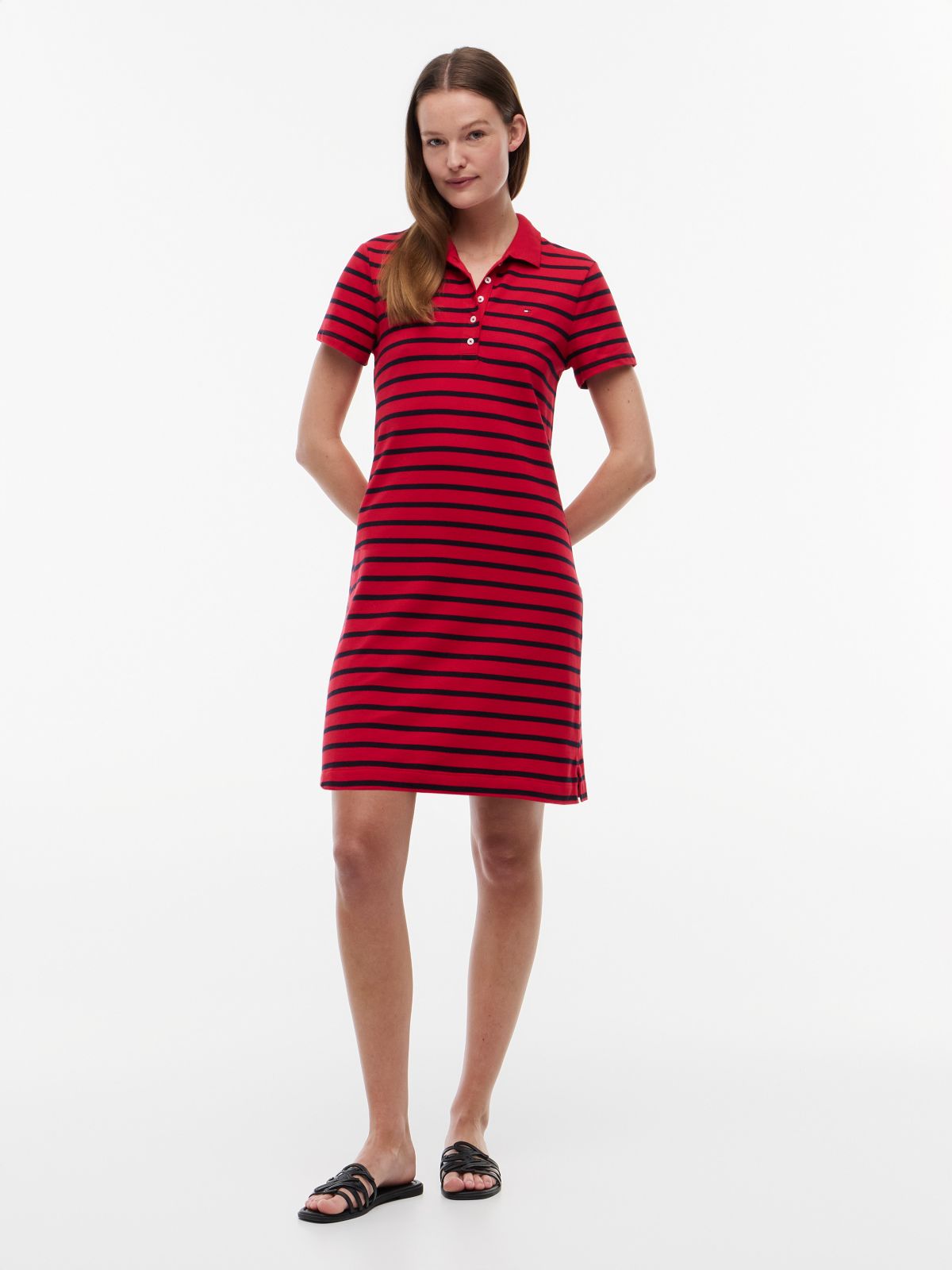 Striped Stretch Pique Polo Dress — Primary Red