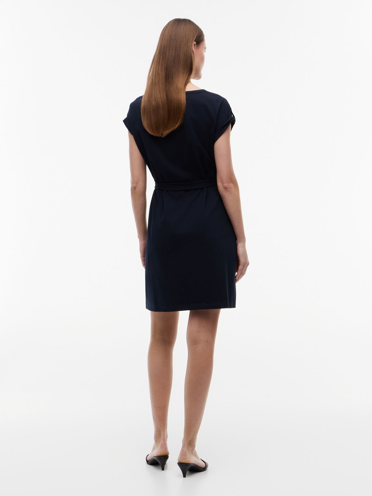 Belted Stretch-Cotton Dress — Navy