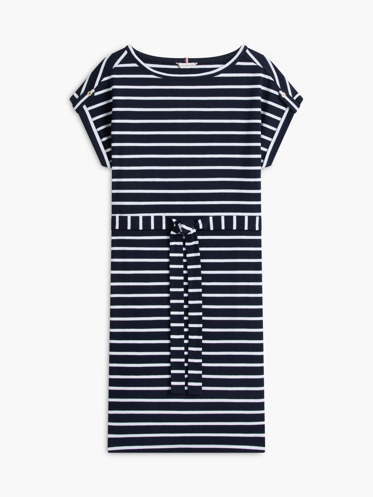 Striped Belted Stretch-Cotton Dress — Navy
