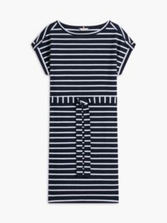 Striped Belted Stretch-Cotton Dress — Navy 5