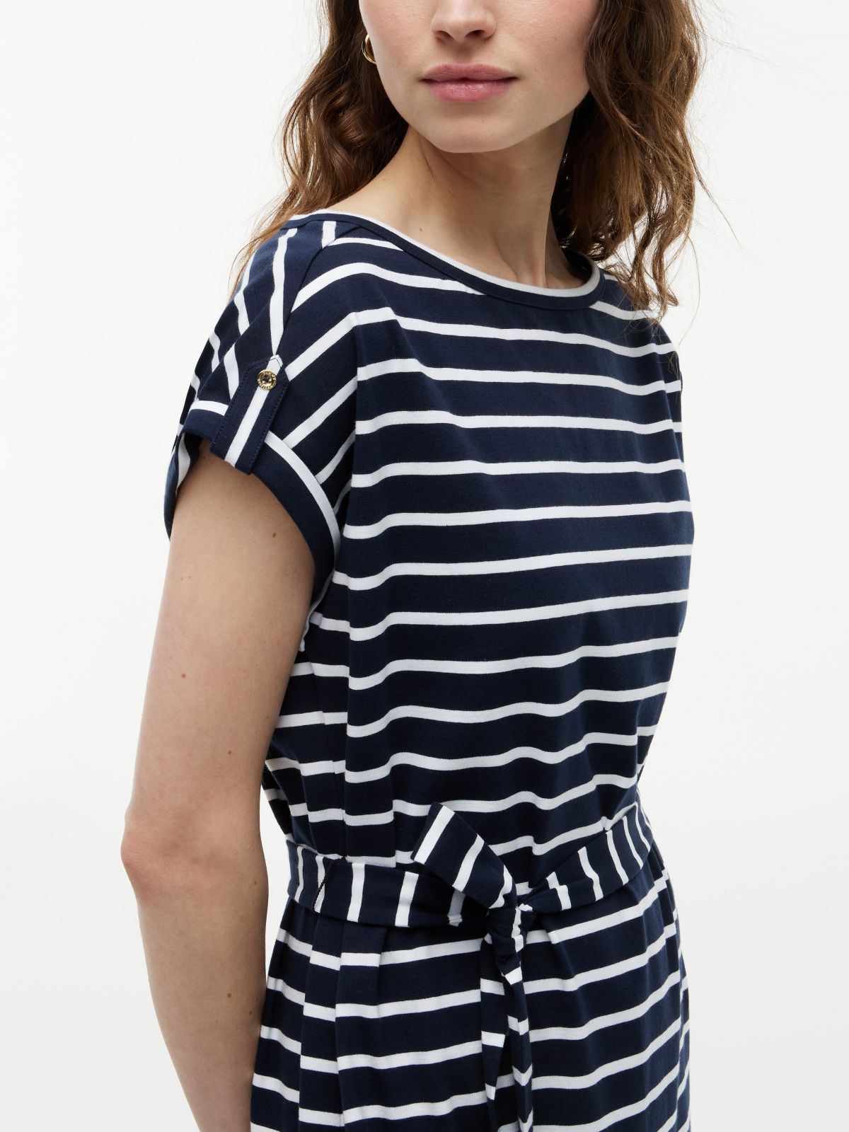 Striped Belted Stretch-Cotton Dress — Navy
