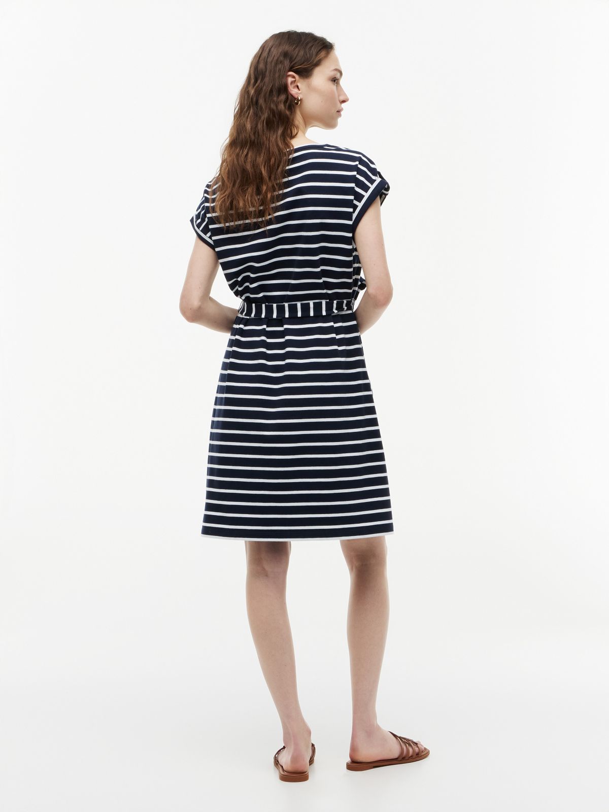 Striped Belted Stretch-Cotton Dress — Navy