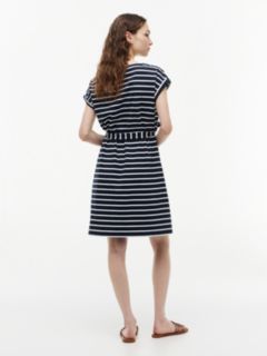 Striped Belted Stretch-Cotton Dress — Navy 4