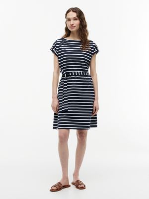 Striped Belted Stretch-Cotton Dress, Navy