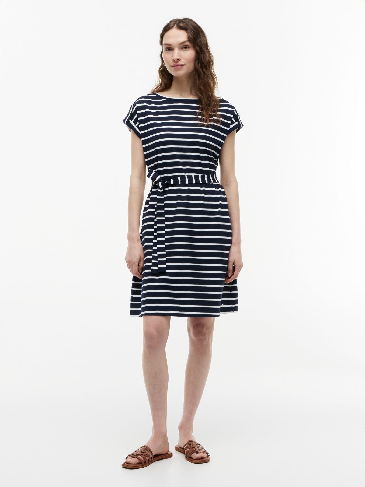 Striped Belted Stretch-Cotton Dress — Navy