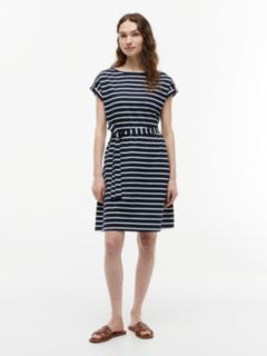 Striped Belted Stretch-Cotton Dress — Navy 1