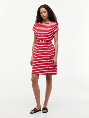 Striped Belted Stretch-Cotton Dress, Primary Red