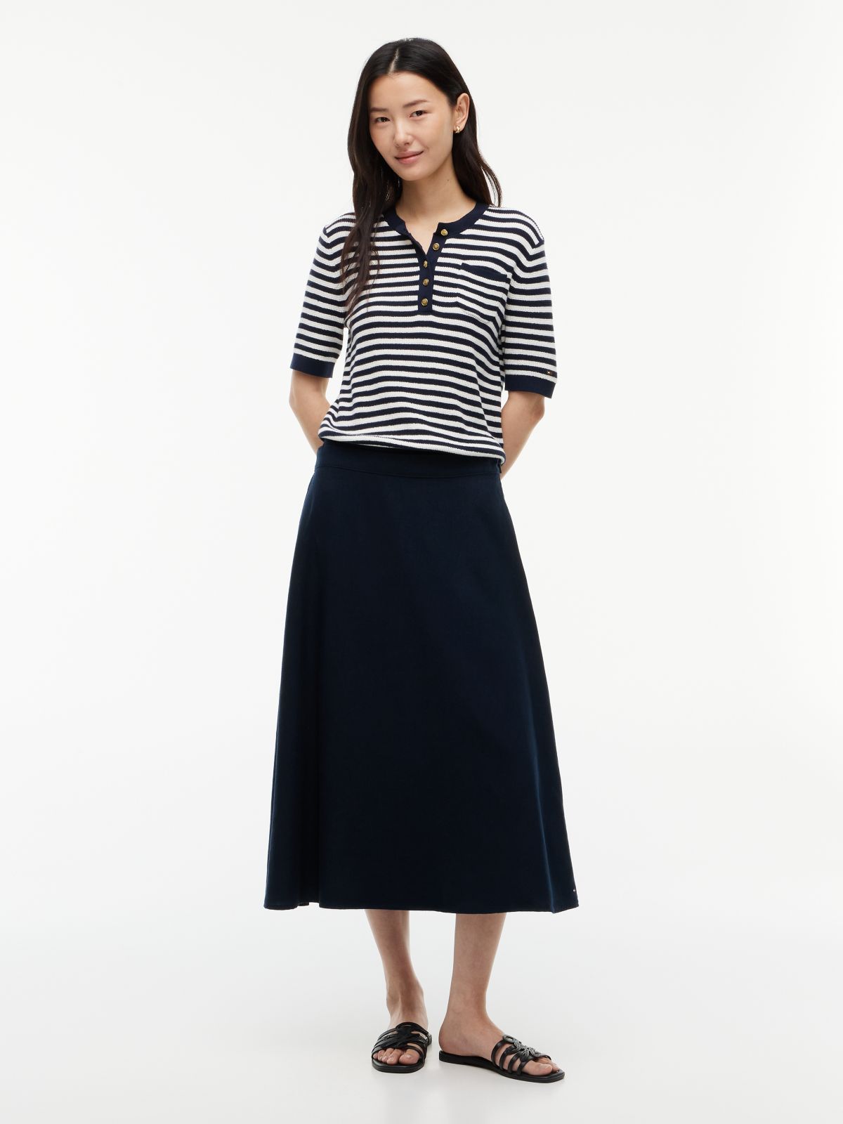 Linen-Blend Midi Skirt — Navy Blue