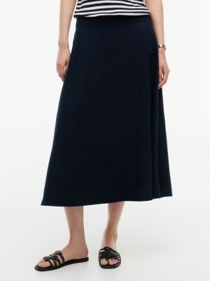 Linen-Blend Midi Skirt, Navy Blue