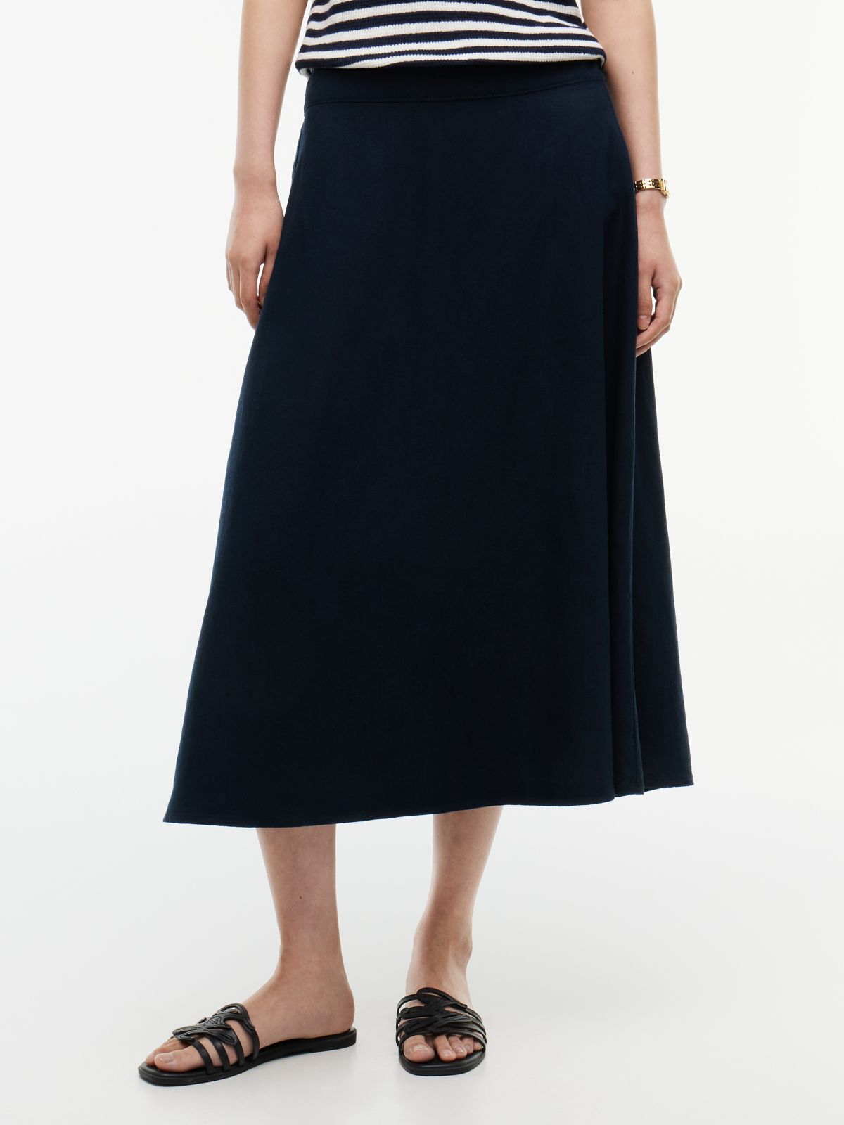 Linen-Blend Midi Skirt — Navy Blue