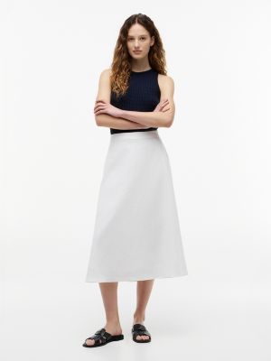 Linen-Blend Midi Skirt, Optic White
