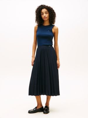 Pleated Crepe Midi Skirt, Navy