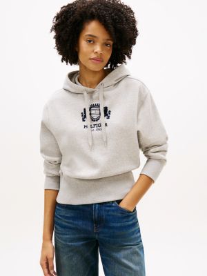 Badge Crest Logo Brushed-Back Hoodie, Grey Heather