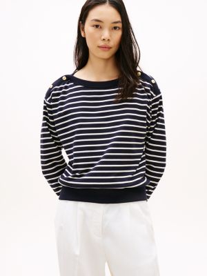Stripe Gold-Button Boatneck Sweatshirt, Navy