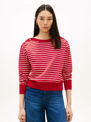 Stripe Gold-Button Boatneck Sweatshirt, Medium Red