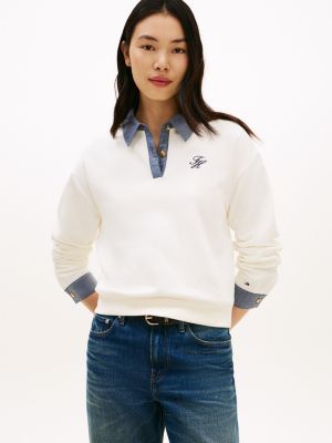 Mix Media Brushed-Back Polo Sweatshirt, Rich Cream