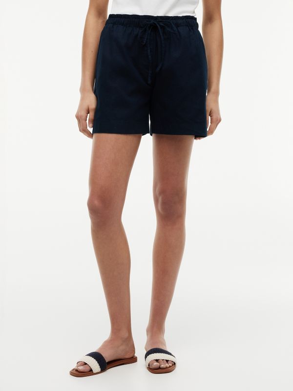 Linen-Cotton Blend Pull-On Short — Navy Blue