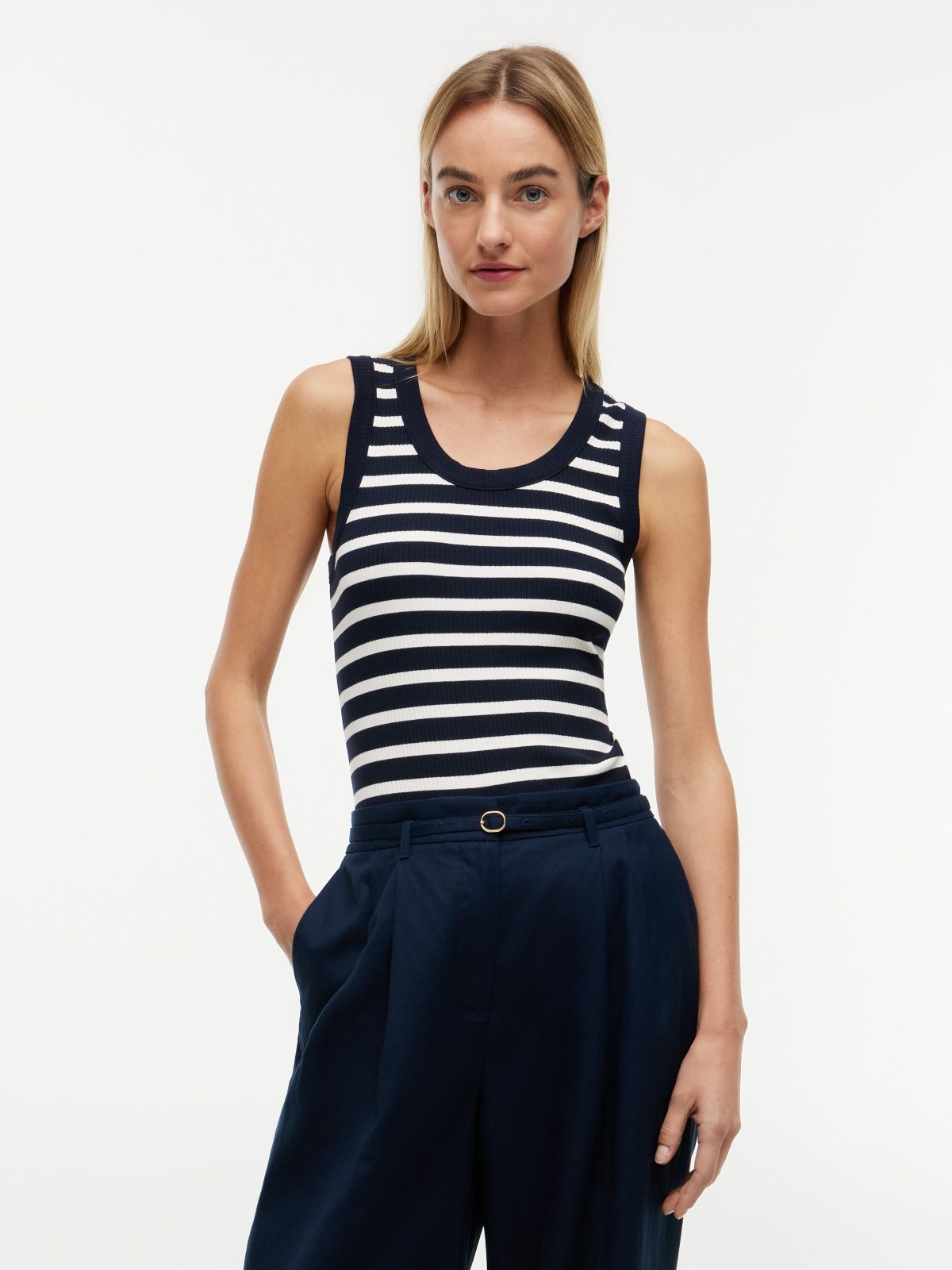 Stripe Rib-Knit Tank Top — Navy / Rich Cream Stripe