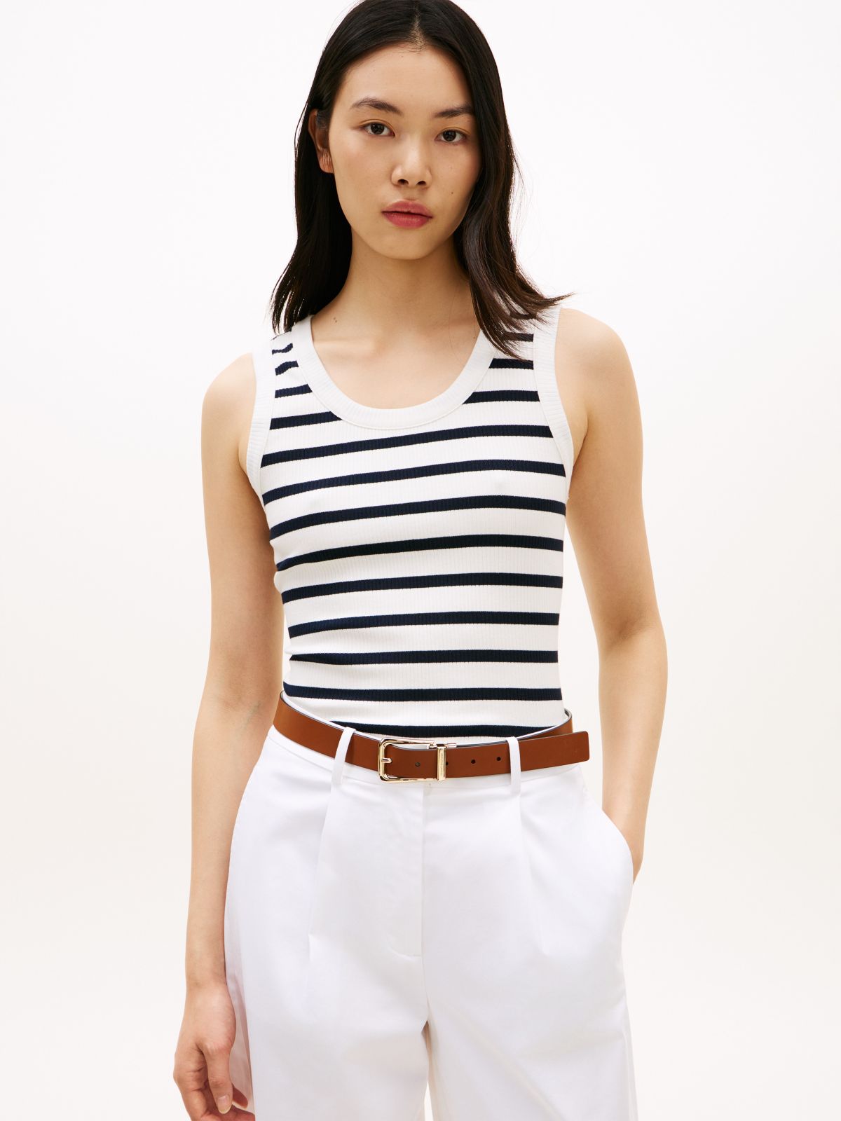 Stripe Rib-Knit Tank Top — Ecru / Navy Stripe