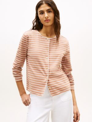 Stripe Cotton Interlock Cardigan T-Shirt, Tawny Rose Ivory Silk Stripe