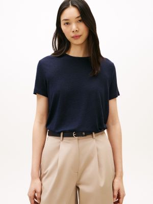 Linen-Blend Crewneck T-Shirt, Navy