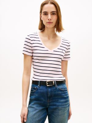 Stripe V-Neck Favorite T-Shirt, Icy Pink Multi