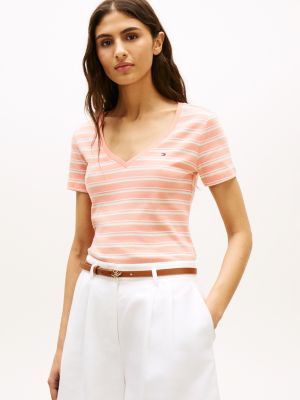 Striped V-Neck Favorite T-Shirt, Sunset Coral Multi