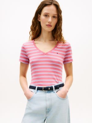Stripe V-Neck Favorite T-Shirt, Petal Red Multi