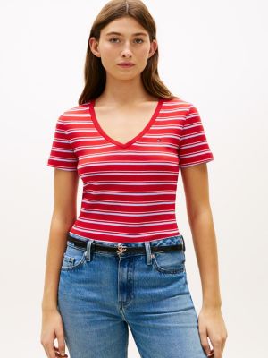 Stripe V-Neck Favorite T-Shirt, Primary Red Multi