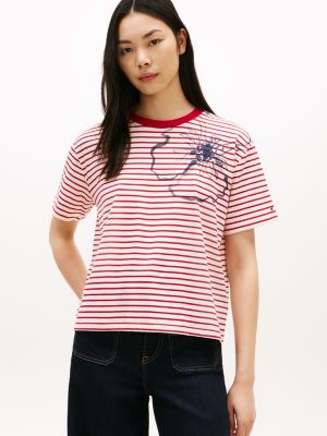 Abstract Floral Print Stripe T-Shirt, Rich Cream