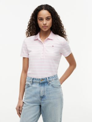 Classic Fit Striped Stretch Pique Polo, Pink / White Stripe