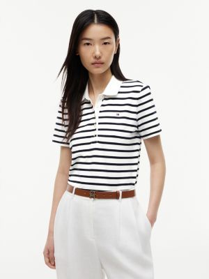 Classic Fit Striped Stretch Pique Polo, Ecru / Navy Blue Stripe