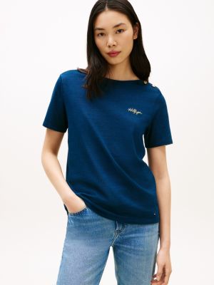 Gold-Button Cotton Interlock T-Shirt