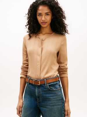 Pointelle Cardigan T-Shirt, Iconic Camel
