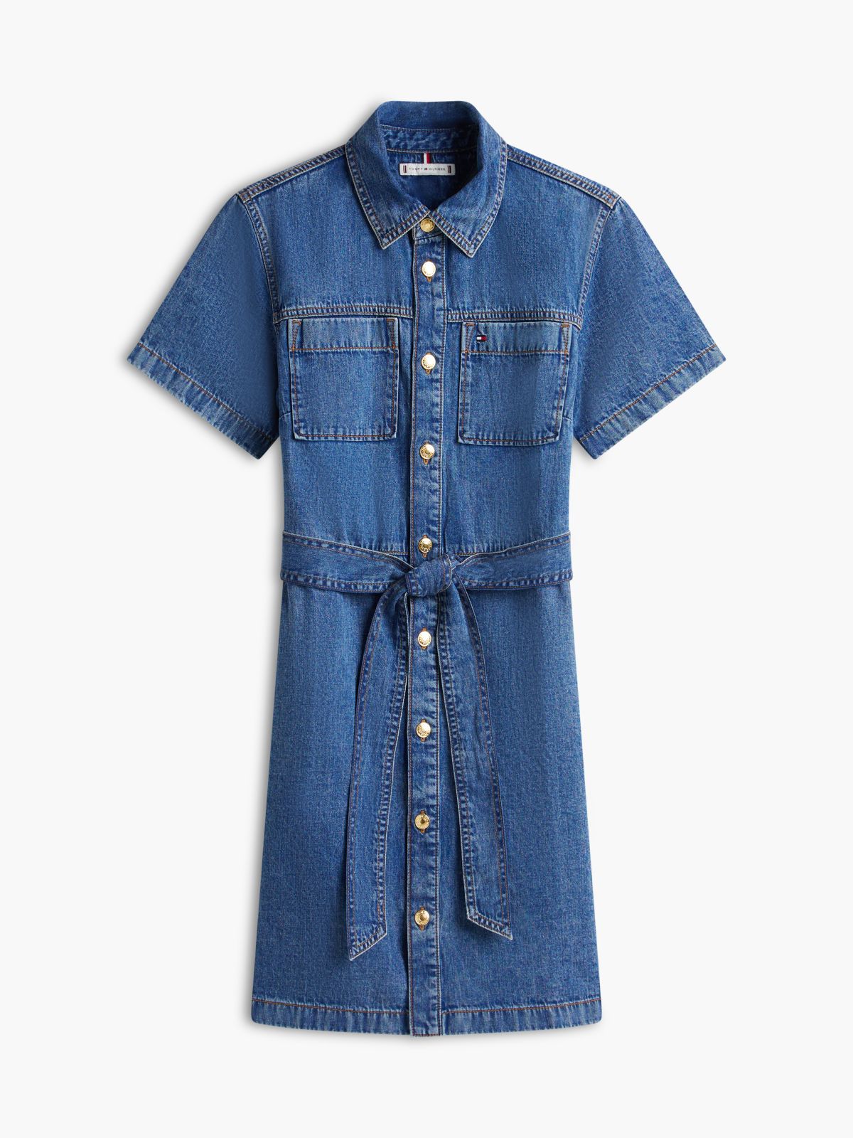 Belted Chambray Utility Shirtdress — Medium Wash