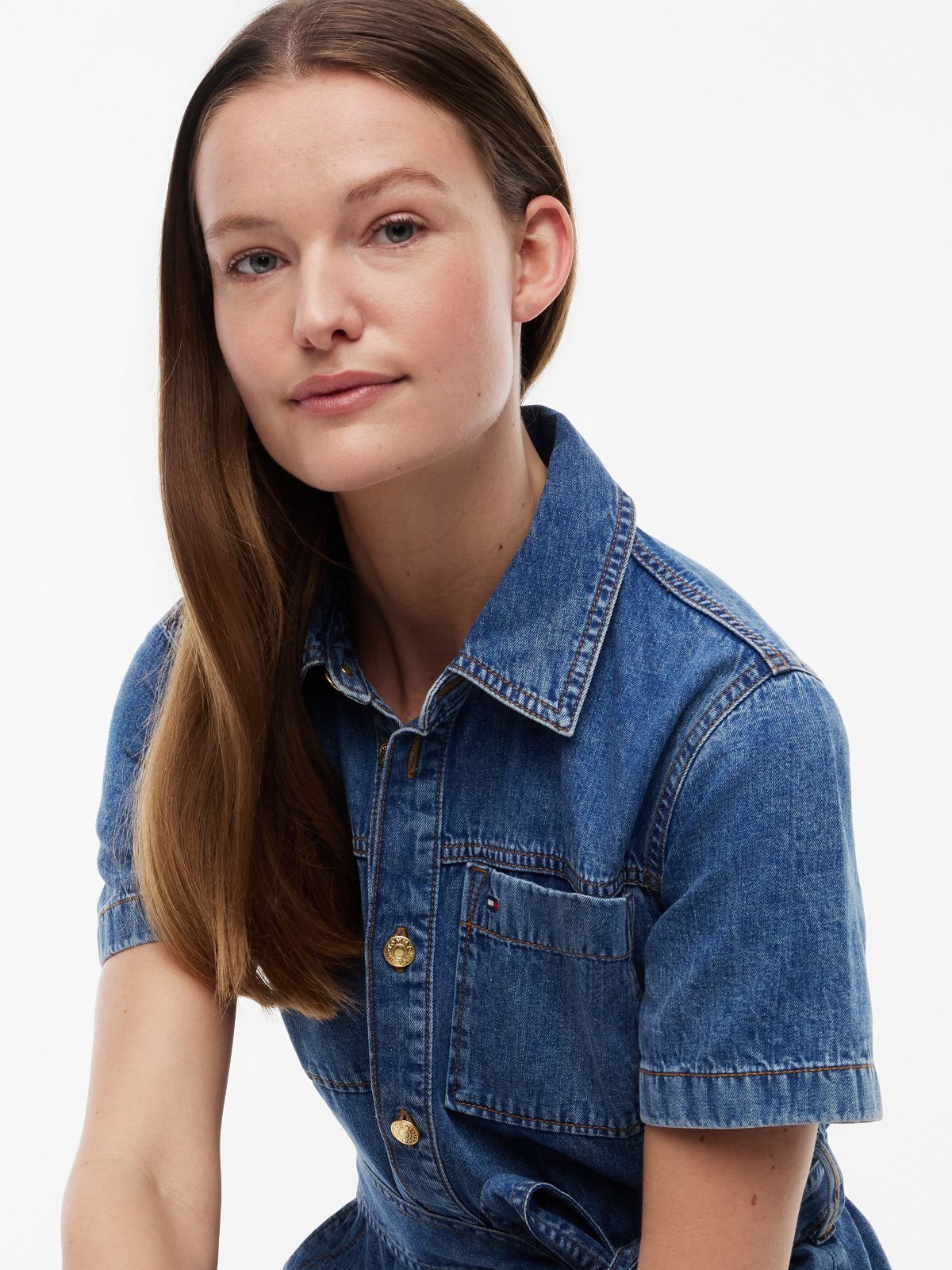 Belted Chambray Utility Shirtdress — Medium Wash