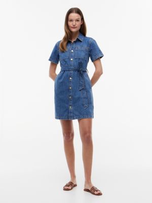 Belted Chambray Utility Shirtdress, Medium Wash