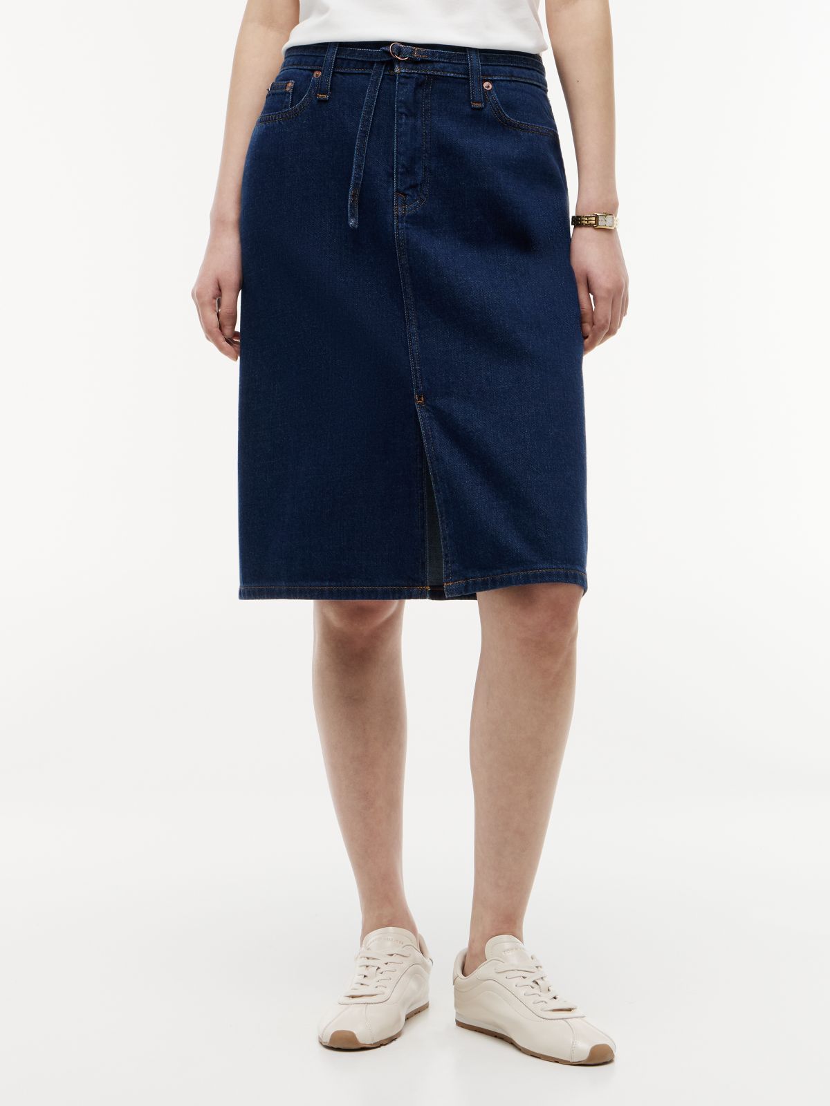 Belted Denim Skirt — Dark Wash