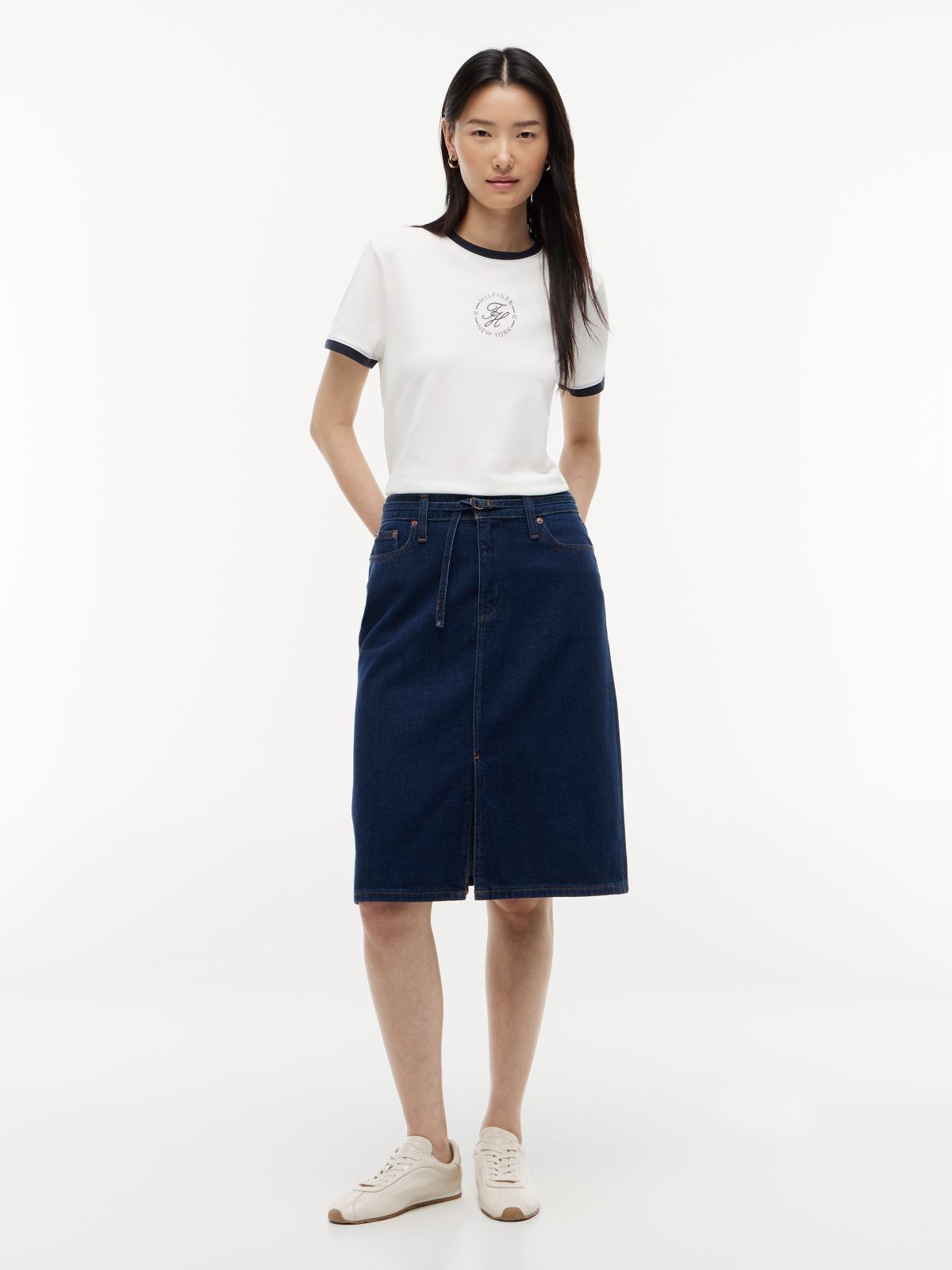 Belted Denim Skirt — Dark Wash