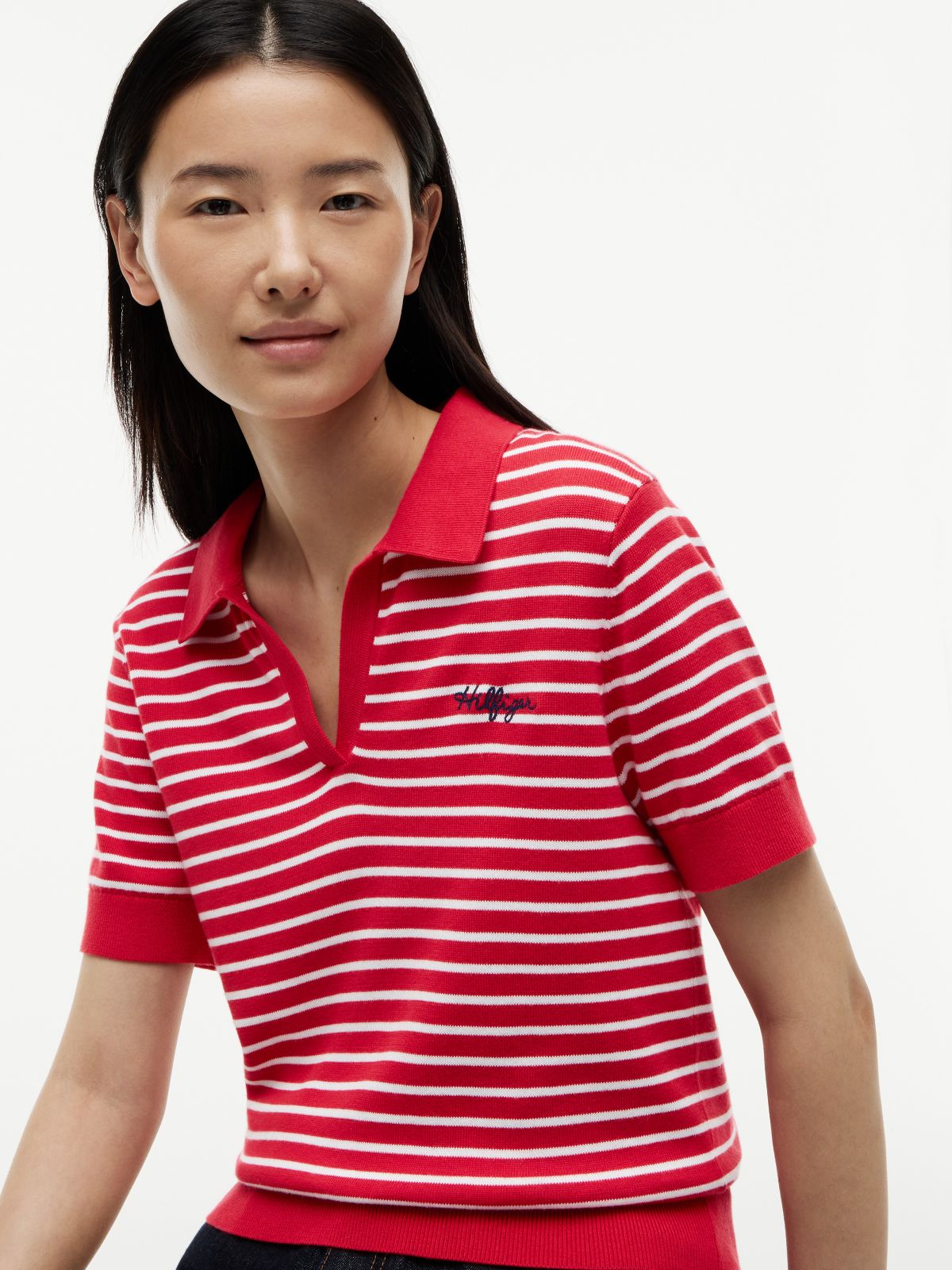 Hilfiger Script Striped Sweater Polo — Primary Red