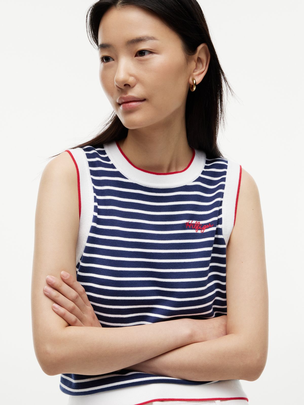 Hilfiger Script Striped Sweater Vest — Optic White